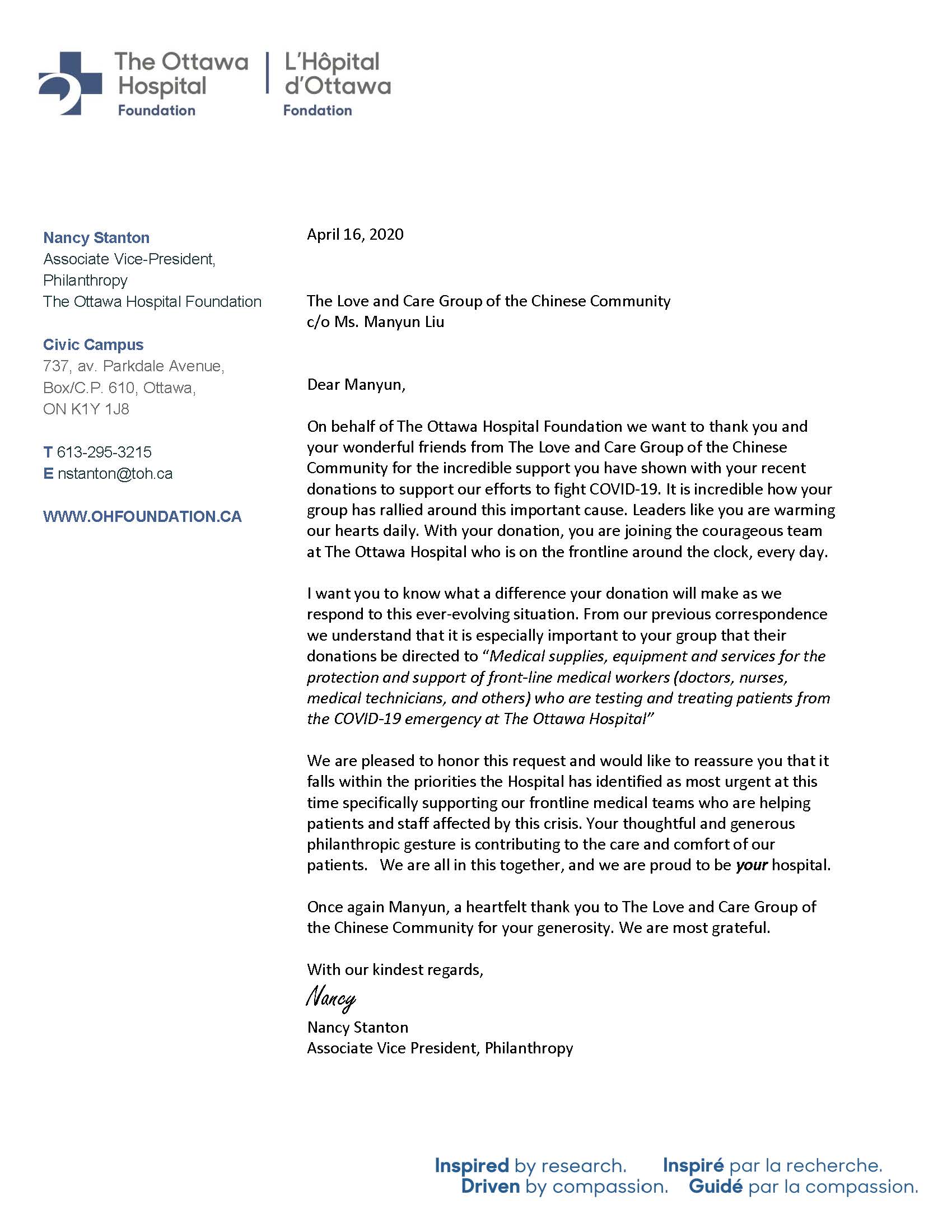 Ottawa Hospital Foundation thank you letter